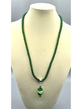 Handmade Two-tone Green Small Seed Bead Kumihimo Necklace with Pendant